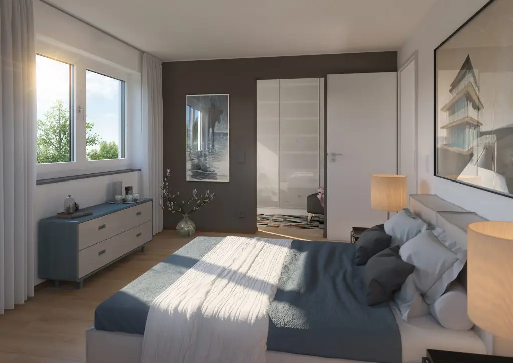 Helles und geräumiges Schlafzimmer in einer neuen Doppelhaushälfte in Elsdorf.