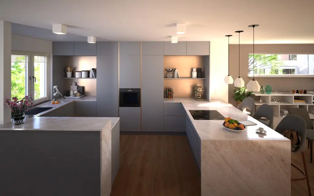 Moderne, offene Küche mit großer Kochinsel in einem Neubau in Elsdorf.