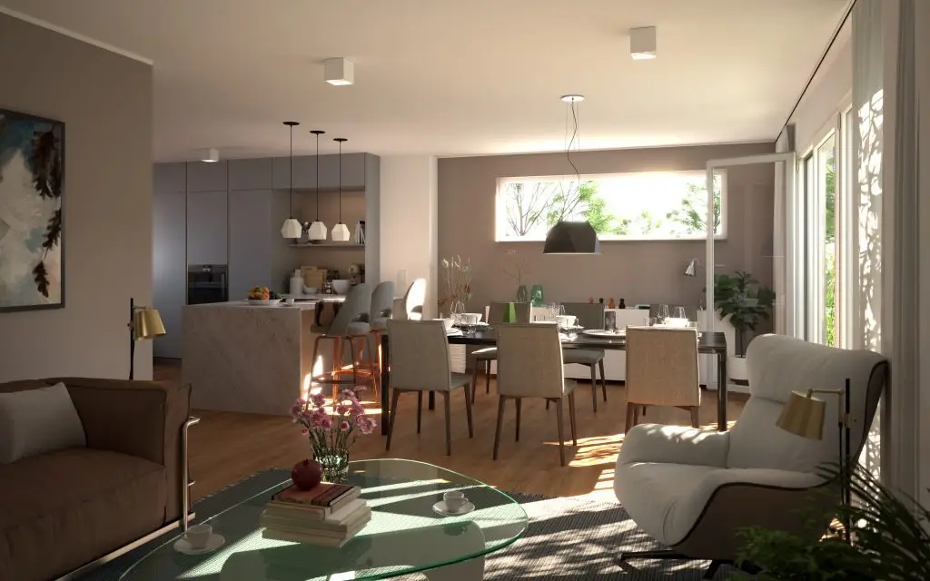 Visualisierung eines großzügigen, offen gestalteten Wohn- und Essbereichs im neuen Einfamilienhaus.