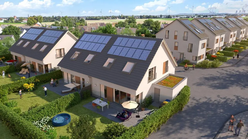 3D-Visualisierung der neuen Doppelhäuser in Elsdorf mit großen Photovoltaik-Anlagen auf dem Dach.
