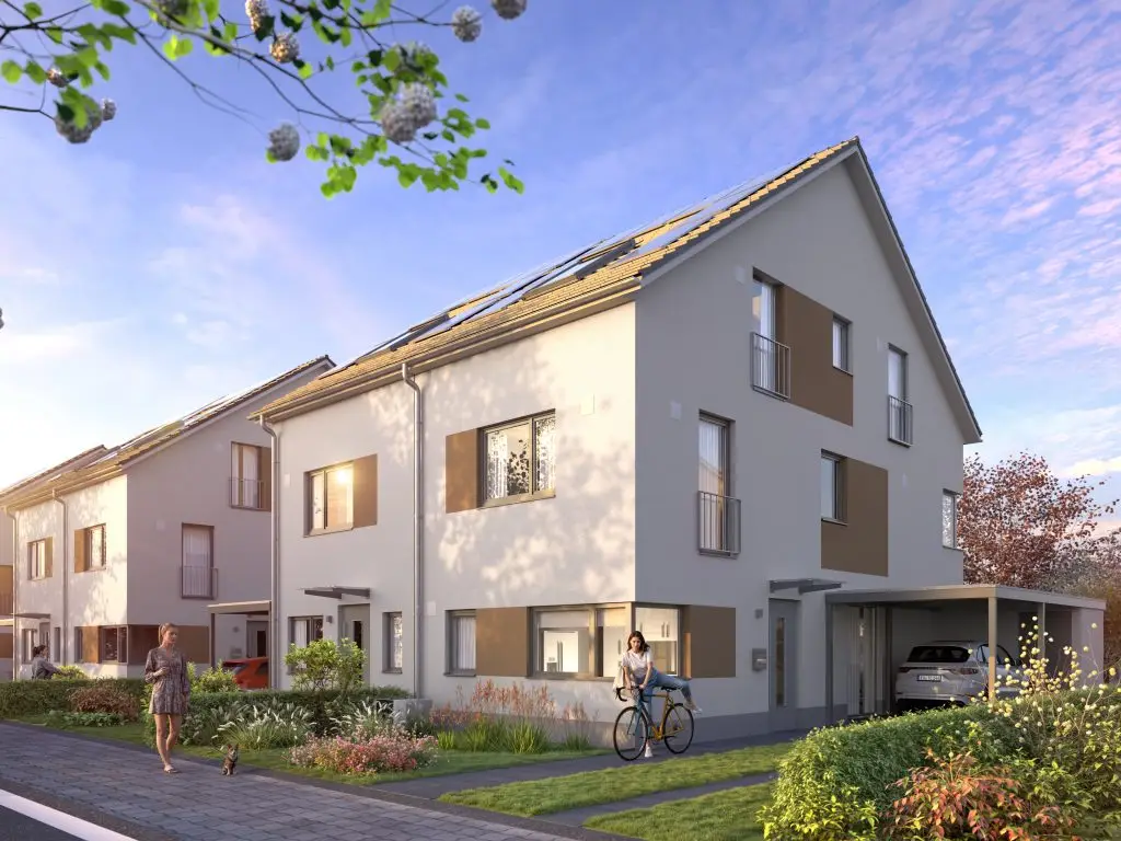 Frontansicht der Doppelhaushälfte Typ 500 mit integrierter Photovoltaik-Anlage.