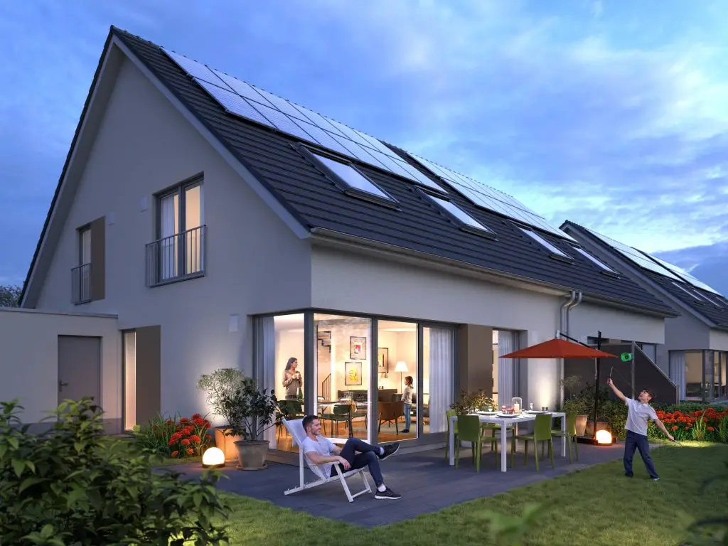 Blick in den eigenen Garten und auf die Terrasse der Doppelhaushälfte Typ 790.