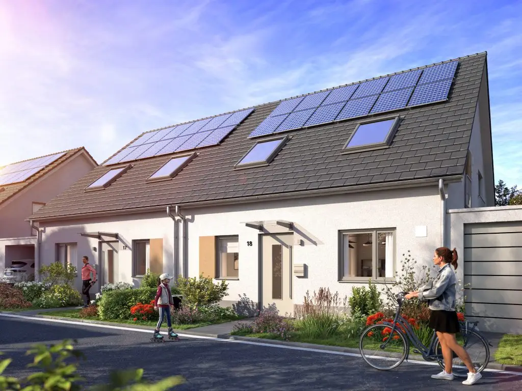 Straßenansicht der modernen Doppelhaushälfte Typ 790 mit Carport in Elsdorf.