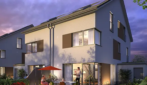 Terrasse und Gartenansicht der stilvollen Doppelhaushälfte Typ 500.
