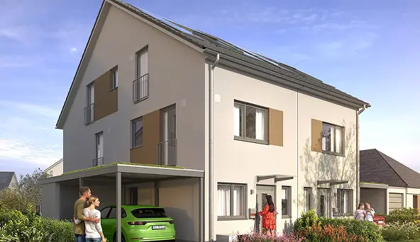Außenansicht der modernen Doppelhaushälfte Typ 475 im Projekt Terra Elsdorf.