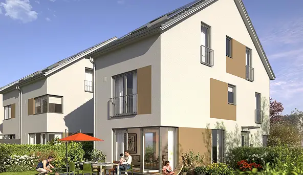 Hochwertige Visualisierung der Doppelhaushälfte Typ 522 mit heller Putzfassade und Terrasse.